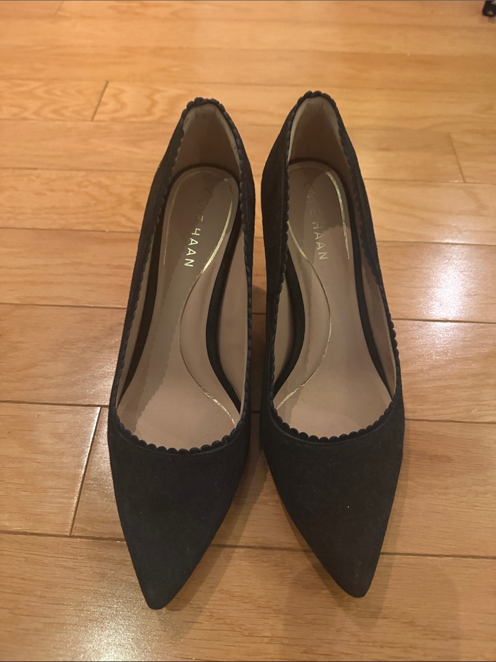 Cole Haan Black Suede Pointed Toe Pumps with Scalloped Trim